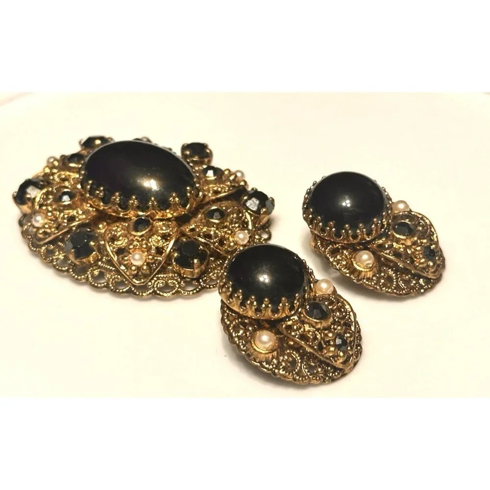 WEST GERMANY BLACK HEMATITE PEARL GOLD FILIGREE PENDANT & CLIP ON EARRINGS SET - Picture 11 of 12